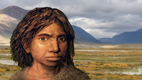 Zeichnung einer jungen Denisova-Frau vor Landschaft in der Mongolei